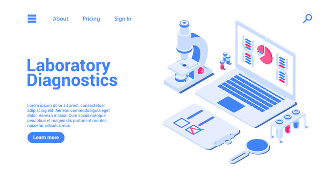Laboratory diagnostics concept. Landing page or web banner template. 3d illustration of laboratory elements. Microscope, ampoules, magnifier, DNA, tablet, test tubes.