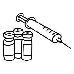 syringe and three bottles hand-drawn doodle, simple style, ampoules with injection