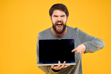 Bearded man technology headphones communication lifestyle yellow background