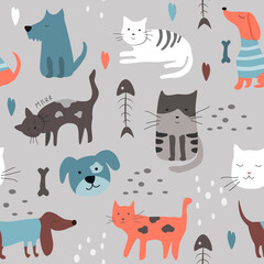 cute funny vector seamless pattern with hand drawn difference cats and dogs, naive childish ornament. pattern for printing on fabric, clothing, wrapping paper, wallpaper for a kid's room, baby things