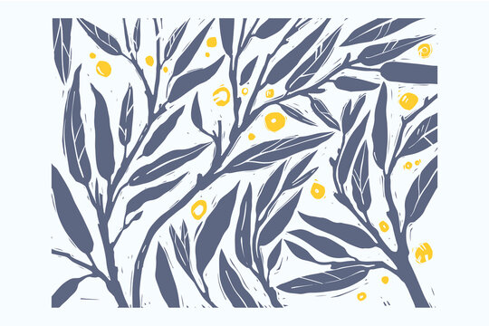 Eucalyptus vector pattern. Decorative branch stamp print. Hand drawn silhouette line vector linocut linotype style.