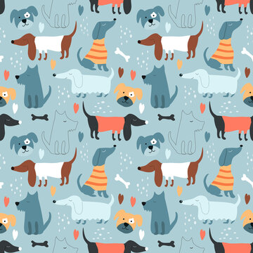 cute vector seamless pattern with hand drawn difference funny dogs naive childish ornament. pattern for printing on fabric, clothing, wrapping paper, wallpaper for a kid's room, baby things