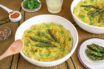 Close-up of a vegetarian flan with asparagus and tofu
