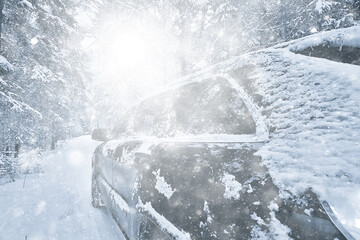 Fototapeta na wymiar car in winter forest, landscape travel in christmas snowy forest