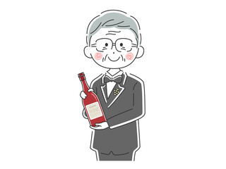 ワインを紹介するベテラン男性ソムリエのイラスト