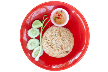 Top view of Fried rice egg, Chili Fish Sauce and vegetable in red plate isolated on white background included clipping path.