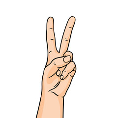 The gesture of victory in line art. Hand showing forefinger and middle finger up on white background.