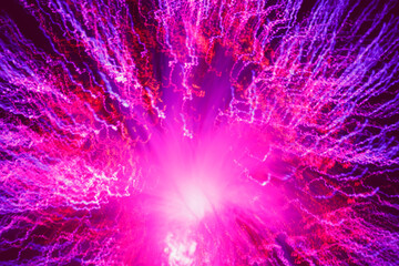 Big explosion. Expanding universe. Fireworks explosion. Abstraction. Multi-colored curly threads scattering from the center. Illuminated optical fiber.
