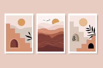 Abstract landscape posters, decorative wall art with stairs, sun, plants, geometric shape, contemporary boho style