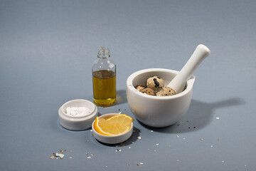 Ingredients for eggshells scrub body mask.  Zero waste cosmetics.