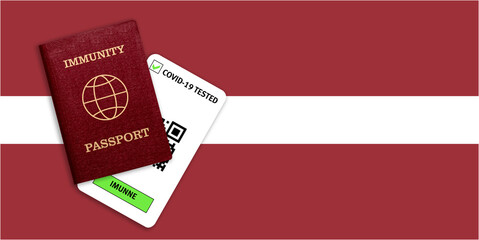 Immunity passport and test result for COVID-19 on flag of Latvia