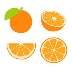 Orange fruit with leaf. Illustration in flat style. Half and a piece of orange.