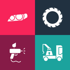 Set pop art Tow truck, Paint spray gun, Car tire wheel and headlight icon. Vector