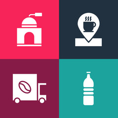 Set pop art Bottle of water, Coffee street truck machine, Location with coffee cup and Manual grinder icon. Vector