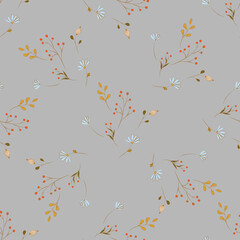 Floral seamless pattern with autumn leaves and flowers