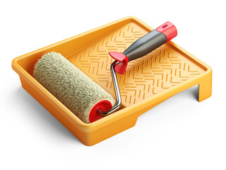 Paint plastic tray with roller brush inside. Tools for repair.