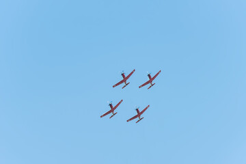 Four military airplanes in the sky over the sea in Tel Aviv. Independence Day in Israel, a national holiday. Israel Air Force parade