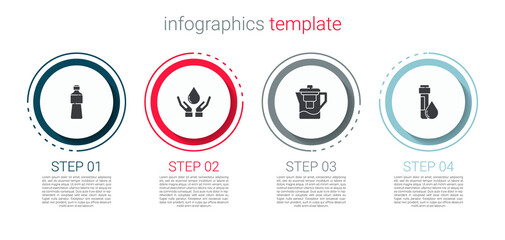 Set Bottle of water, Washing hands with soap, Water jug filter and Test tube drop. Business infographic template. Vector