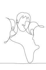 man's face in the crowd rises above the crowd of shorter silhouettes. The man bowed his head, he stands among strangers