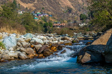 Fototapeta na wymiar A mountain stream, Pekhri, Tirthan Valley, Himachal Pradesh, India