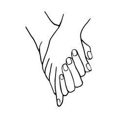 Obraz premium Hand drawn sketch illustration - holding hands. Vector in doodle style two people touching palms