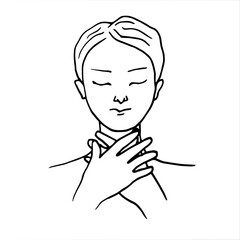 female portrait with closed eyes, she clasped neck with hands - vector drawing in sketch style. the woman closed her eyes and covered her neck with her palms. Self-destruction concept