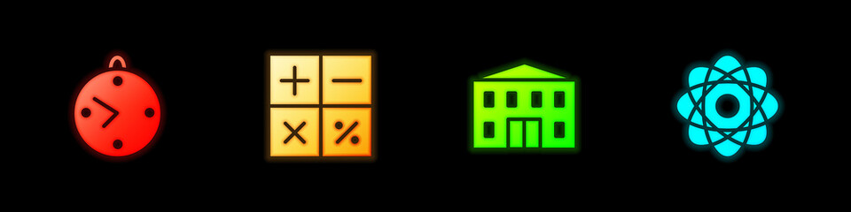 Set Clock, Calculator, School building and Atom icon. Vector