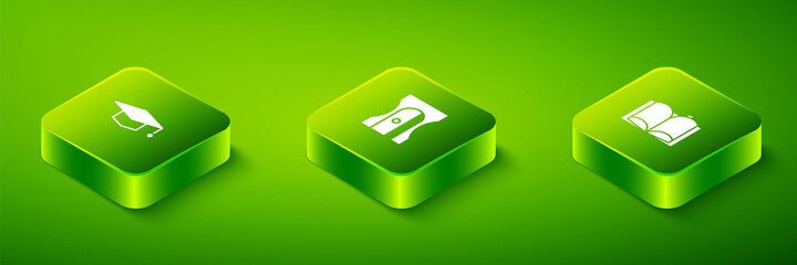 Set Isometric Pencil sharpener, Open book and Graduation cap icon. Vector