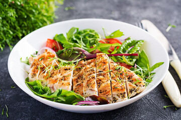Grilled chicken fillet with salad. Keto, ketogenic, paleo diet. Healthy food.  Diet lunch concept.