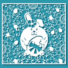 Easter bunny and Easter eggs pattern. White ornamental square card for laser cutting on red background for greeting card. Vector illustration.