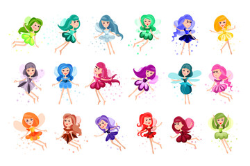 Cute Fairies or Pixies in Pretty Dresses Flying Vector Illustration Set