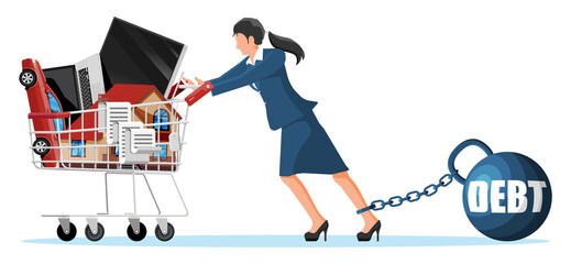 Woman with debt weight pulling shopping cart