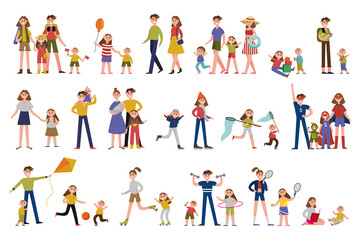 Man and Woman Parents Spending Time Together with Their Children Vector Illustration Set