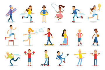 Young People Characters Doing Sport Vector Illustration Set