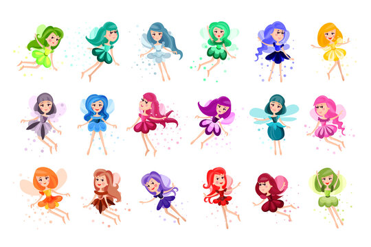 Cute Fairies or Pixies in Pretty Dresses Flying Vector Illustration Set