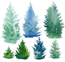 Obraz premium Set of spruce trees on an isolated white background. Watercolor illustrations