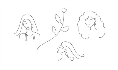 set of surreal beautiful female faces single line art, floral design, flowers, leaves, vine, front and profile of woman, vector illustration, minimalist black-white drawing artwork, doodles of girls