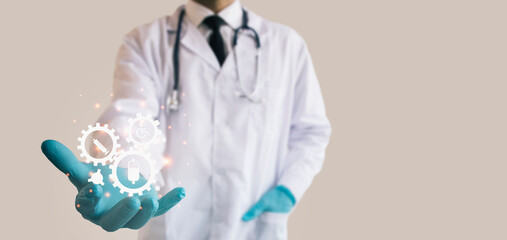 Professional doctor holding illustration gear of healthy graphic icons digital medical, strategy...