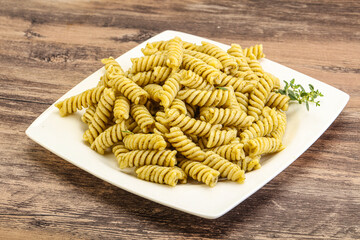 Italian pasta Fusilli with pesto