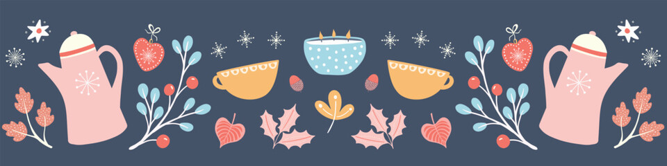 Hygge Autumn and winter pattern border illustration. Cute and cosy Fall banner design. 