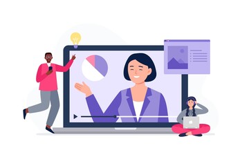 A modern man and woman watch a video lesson. People improve the quality of knowledge by distance learning. Vector flat illustration.