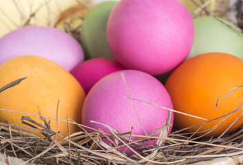 Easter bright eggs in the nest close-up