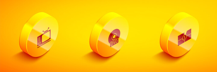 Set Isometric Retro tv, CD or DVD disk and Old film movie countdown frame icon. Vector