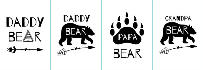 Papa Bear cards set. Fathers day posters collection. Dad bear animal. Wildlife, arrow, forest, bear paw