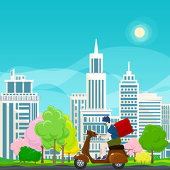Young guy in protective face mask with box for food delivery rides a brown scooter on a spring background of colorful trees and cities, online delivery service and stay home concept 