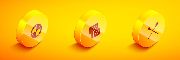 Set Isometric Round wooden shield, Decree, parchment, scroll and Crossed medieval spears icon. Vector