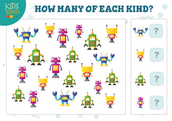 Fototapeta na wymiar How many of each kind cartoon robot counting game for kids vector illustration