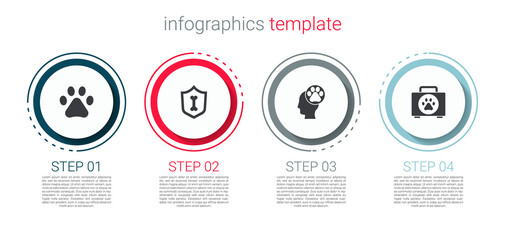 Set Paw print, Animal health insurance, Human with animals footprint and Pet first aid kit. Business infographic template. Vector