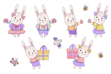Set of bright cute animals - Easter bunny and insects. Rabbits - a girl and a boy with a large gift box, an Easter egg and a flower. Vector illustration. Isolated. For design Happy Easter