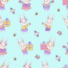 Seamless patterns with cute animals. Easter hares - boy and girl with gifts and Easter eggs on a blue background with insect and birds. Vector. For design, decora, printing, packaging and wallpaper